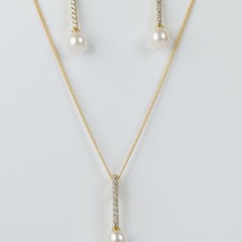 Sterling Silver Yellow Gold Plated Freshwater Pearl and CZ Drop Earrings and Pendant